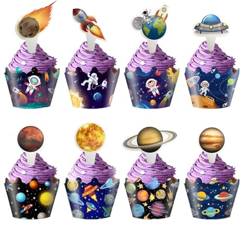 YHUIKXIN 48 Stück Weltraum Cupcake Topper und Wrapper, Astronaut Kindergeburtstag Tortendeko, Planeten Kuchen Deko, Spaceman Cake Topper von YHUIKXIN