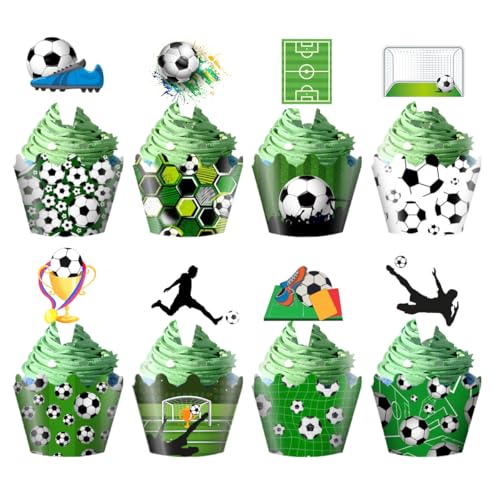 YHUIKXIN Fußball Muffins Deko, 48 Stück Fussball Cupcake Topper Fußball Kuchen Dekoration Muffinschalen Tortendeko Fussball Party Tortenaufleger für Kindergeburtstag Babyparty von YHUIKXIN