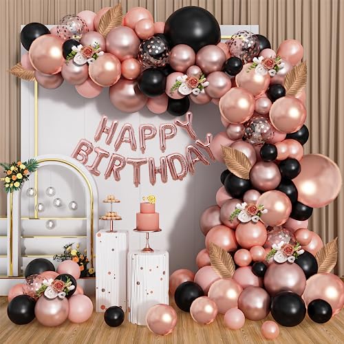 Geburtstag Dekoration 134Stück Schwarz Rosegold Luftballons Arch Frauen Happy Birthday Buchstabenballon Konfetti Pailletten Luftballons Geburtstag Party Deko Supplies Mädchen von YHmall