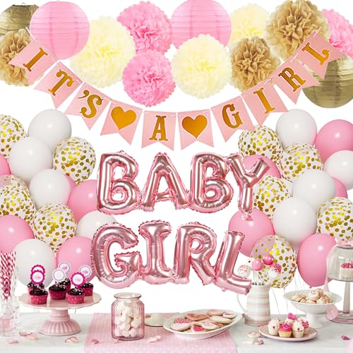 Gender Reveal Baby Shower Babyparty Dekoration Luftballon Mädchen Rosa Weiß Luftballons mit Its a Girl Banner Baby Girl Folienballon für Babydusche Gender Reveal Party Deko von YHmall