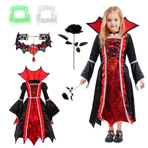 Halloween Vampir Kostüm Kinder Mädchen: Königin Kostüm Vampir Kleid Verkleidung - Kinder Gothic Dracula Kostüm mit Halskette Zähne Rose Halloween Kostüm für Fasching Cosplay (L(9-10 Years)) von YIBEBE