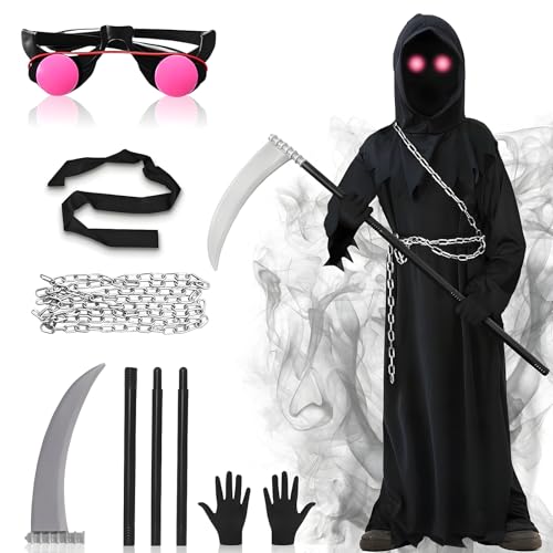 Sensenmann Halloween Kostüm Kinder Herren: Tod Kostüm 7 Pcs Cosplay Kostüm Sensenmann Umhang Set mit Kapuze Scream Grim Reaper Kostüm Kinder Erwachsener (Kids-L(10-12 Years)) von YIBEBE