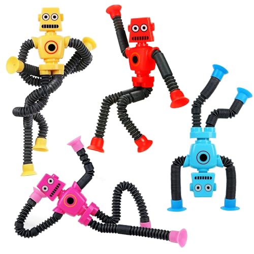 Stressabbau-Fidget-Spielzeug, Röhren, Roboterspielzeug, 4 Stück, Teleskop-Saugnapf-Roboterspielzeug, Partytütenfüller für Jungen und Mädchen, Squishy-Spielzeug, Roboterform, ändernde Teleskopröhre von YIGAARUI