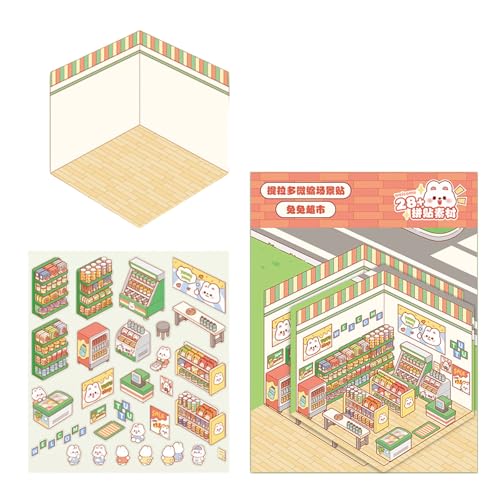 YIGZYCN Miniatur Kaninchen Supermarkt Szenen Tagebuch Aufkleber Für Scrapbooking Cartoon Kaninchen Markt 3D Landschaftsaufkleber von YIGZYCN