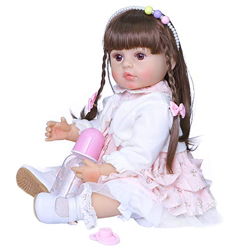 YIHANGG 55CM Original Ganzkörpersilikon Baby Reborn Bebe Doll Neugeborene Puppe Reborn Lange Haare Kleinkind Mädchen Badespielzeug,Brown Hair von YIHANGG