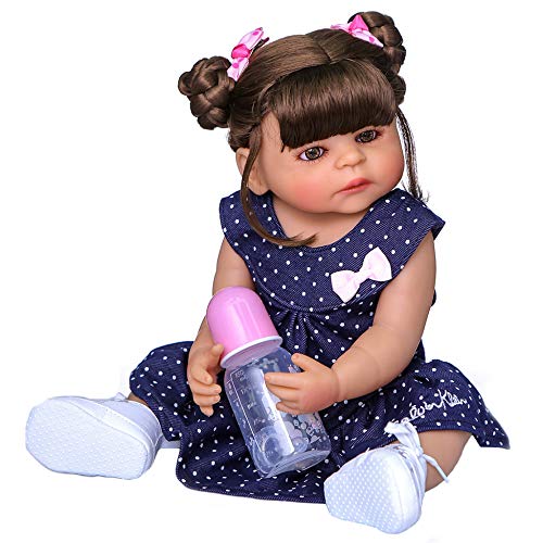 YIHANGG 55cm Reborn Baby Doll Blau Kleid Mädchen Ganzkörper Weiche Silikonpuppe Handgemacht Wasserdicht Waschbar Neugeborene Puppe Augen Offen Kinder Geschenk,BrownEyes von YIHANGG