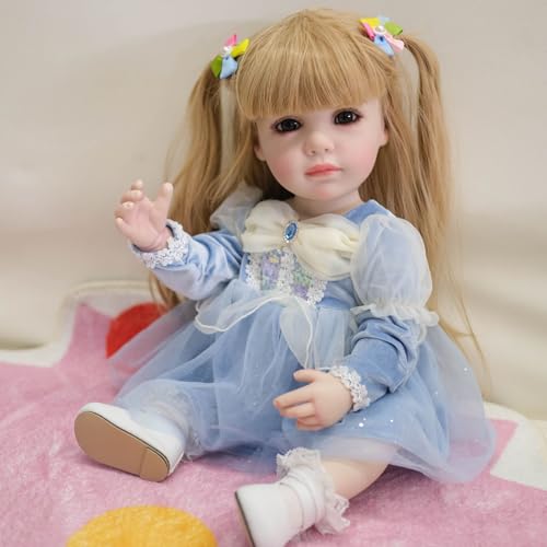 YIHANGG 55cm Reborn Baby Puppe Ganzkörper Silikon Blondes Haar Mädchen Kleinkind Prinzessin Puppe Blaues Kleid Weihnachten Geburtstag Geschenke von YIHANGG