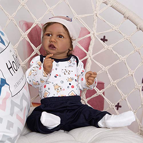 YIHANGG Lebensecht 23" Reborn Schwarze Prinzessin Voller Silikonkörper Baby Reborn Puppe Geschwungenes Haar 57cm Kinder Playmates Spielzeug,Brown Eyes-Girl von YIHANGG