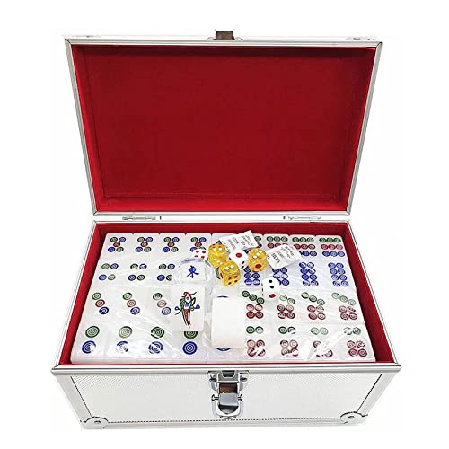 Chinesisches Mahjong Chinesisches Mahjong, tragbares Mahjong-Set, Acryl-Mahjong, 144 Fliesen, Mah-Jong-Tischbrettspiel mit Aluminium-Aufbewahrungsbox für Familienreisen Tisch-Mahjong-Fliesen von YIHAOBAIHUO