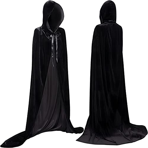 YIHELU Halloween Schwarz Umhang Mit Kapuze, Halloween Schwarzer Samt Umhang Kostüm, Lange Samt Cape Unisex umhang Für Erwachsene Kinder, Für Cosplay Party Halloween Karneval Vampir Kostüm (XXL) von YIHELU