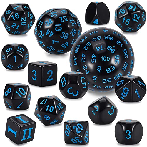 YILAIDA DND Dice Polyedrisches Würfel Set - 15 Stück mit Beuteln D3-D100 Würfel Polyeder Würfel DND Spiel Würfel für Dungeons und Dragons RPG MTG (Schwarz und Blau) von YILAIDA