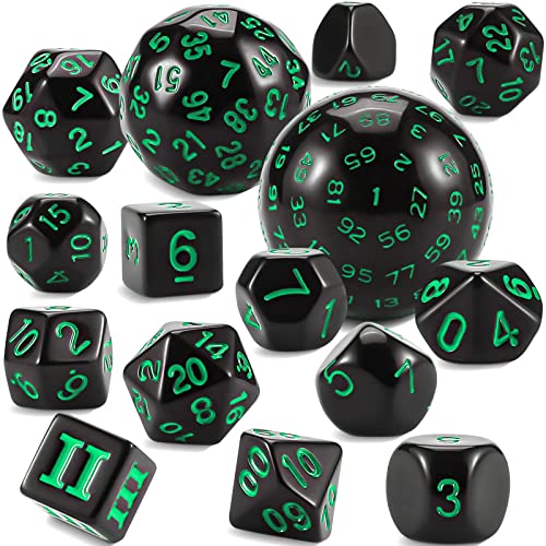 YILAIDA DND Dice Polyedrisches Würfel Set - 15 Stück mit Beuteln D3-D100 Würfel Polyeder Würfel DND Spiel Würfel für Dungeons und Dragons RPG MTG (Schwarz und Grün) von YILAIDA