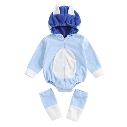 YILEEGOO Baby Jungen Mädchen Welpe Hundekostüm Halloween Tierkostüm Strampler Fleece Winter Bodysuit Kapuze Langarm Reißverschluss Overall mit Fußabdeckungen (Blauer Welpe, 0-6 Monate) von YILEEGOO