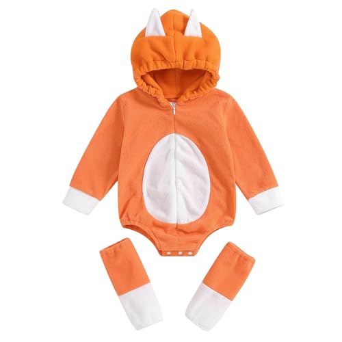 YILEEGOO Baby Jungen Mädchen Welpe Hundekostüm Halloween Tierkostüm Strampler Fleece Winter Bodysuit Kapuze Langarm Reißverschluss Overall mit Fußabdeckungen (Orange Welpe, 0-6 Monate) von YILEEGOO