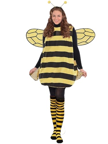 YILEEGOO Bienenkostüm für Erwachsene, Halloween-Kostüm mit Stirnband, Kleid, Flügeln, Leggings für Halloween-Mottoparty (Standard, L, Tunika+Stirnband+Flügel+Socken) von YILEEGOO