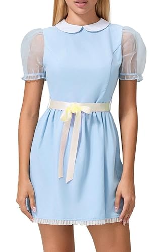 YILEEGOO Blaues Zwillingskleid, für Damen, Mädchen, Party, Halloween-Kostüm, gruselige Zwillinge, Puffärmel, kurzes Kleid, Dienstmädchen, Lolita-Kleid mit Gürtel, Halloween, Cosplay-Kleid von YILEEGOO