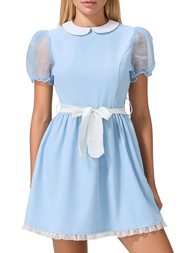 YILEEGOO Blaues Zwillingskleid, für Damen, Mädchen, Party, Halloween-Kostüm, gruselige Zwillinge, Puffärmel, kurzes Kleid, Dienstmädchen-Lolita-Kleid mit Gürtel, Halloween, Cosplay-Kleid (Blau-Gelb, von YILEEGOO