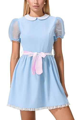 YILEEGOO Blaues Zwillingskleid, für Damen und Mädchen, Party, Halloween-Kostüm, gruselige Zwillinge, Puffärmel, kurzes Kleid, Dienstmädchen-Lolita-Kleid mit Gürtel, Halloween, Cosplay-Kleid (Blau, von YILEEGOO