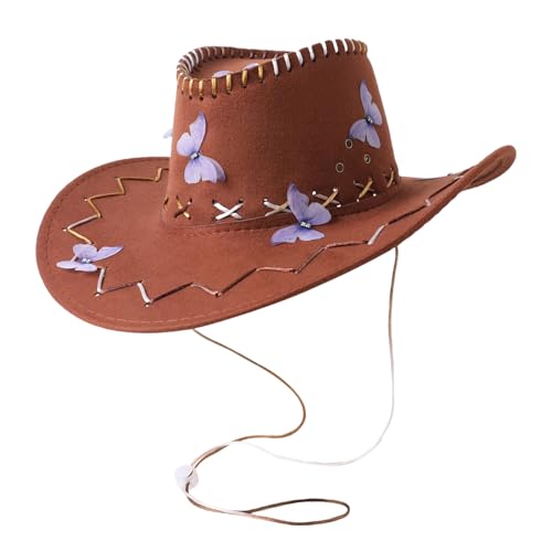 YILEEGOO Damen Vintage Cowgirl Hut Niedlicher Schmetterling Westernhut für Hochzeit Karneval Rave Party Reise Kostüm Zubehör (Kaffee, Einheitsgröße) von YILEEGOO