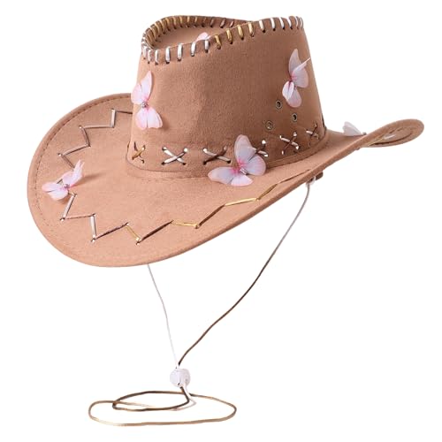 YILEEGOO Damen Vintage Cowgirl Hut Niedlicher Schmetterling Westernhut für Hochzeit Karneval Rave Party Reise Kostüm Zubehör (Khaki, Einheitsgröße) von YILEEGOO