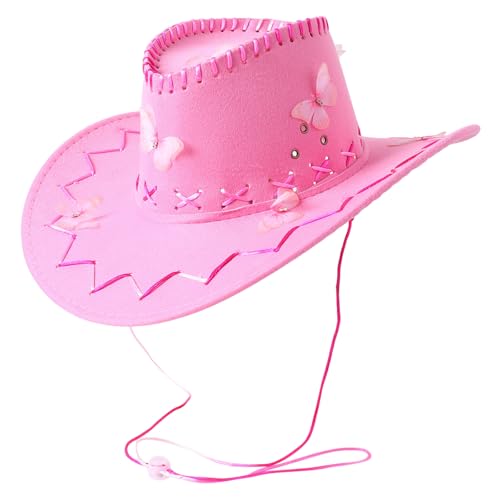 YILEEGOO Damen Vintage Cowgirl Hut Niedlicher Schmetterling Westernhut für Hochzeit Karneval Rave Party Reise Kostüm Zubehör (Rosa, Einheitsgröße) von YILEEGOO