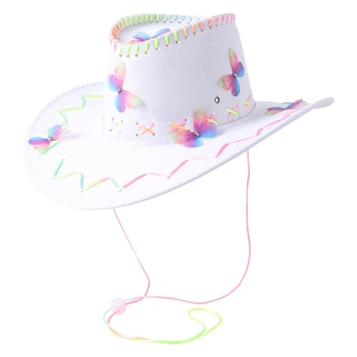 YILEEGOO Damen Vintage Cowgirl Hut Niedlicher Schmetterling Westernhut für Hochzeit Karneval Rave Party Reise Kostüm Zubehör (Weiß, Einheitsgröße) von YILEEGOO