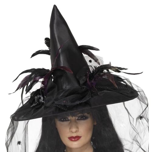 YILEEGOO Halloween-Hexenhut für Damen, Vintage-Feder, Satin, Blumen, Hut mit Schleier für Cosplay, Festival, Party (Schwarz, Einheitsgröße) von YILEEGOO