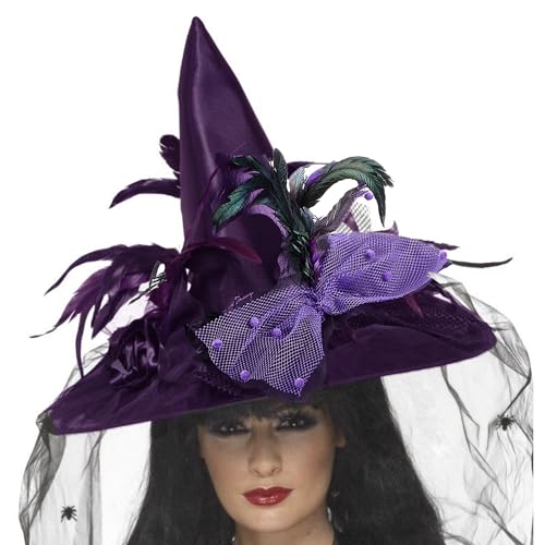 YILEEGOO Halloween-Hexenhut für Damen, Vintage-Feder, Satin, Blumen, Hut mit Schleier für Cosplay, Festival, Party (lila, Einheitsgröße) von YILEEGOO