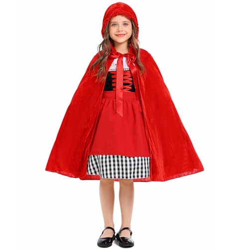 YILEEGOO Halloween-Kostüm-Set für kleine Mädchen, Kapuzen-Kostüm, Partykleid mit Schürze, roter Kapuzenumhang (Rot, 120) von YILEEGOO