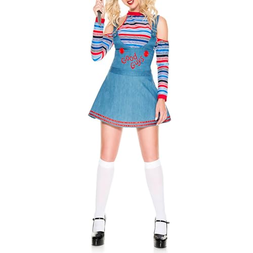 YILEEGOO Halloween-Kostüme für Damen, gruselige Albtraum-Killer-Puppe, Wanna Play, Filmfigurenkleid, Chucky-Puppe, Kostüm-Set (Blau, L) von YILEEGOO