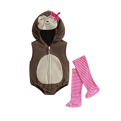 YILEEGOO Neugeborenes Baby Jungen Mädchen Tierkostüme Säugling Halloween Cosplay Outfit Kleinkind Obst Fancy Kostüm Reißverschluss Kapuze Strampler Overall mit Strümpfen Leggings (Brauner Affe, 0-6 von YILEEGOO