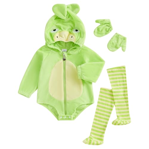 YILEEGOO Neugeborenes Baby Jungen Mädchen Tierkostüme Säugling Halloween Cosplay Outfit Kleinkind Obst Fancy Kostüm Reißverschluss Kapuze Strampler Overall mit Strümpfen Leggings (Grün, 12-18 Monate) von YILEEGOO