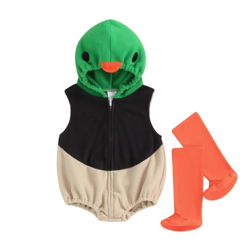 YILEEGOO Neugeborenes Baby Jungen Mädchen Tierkostüme Säugling Halloween Cosplay Outfit Kleinkind Obst Fancy Kostüm Reißverschluss Kapuze Strampler Overall mit Strümpfen Leggings (Grüne Stockente, 0-6 von YILEEGOO