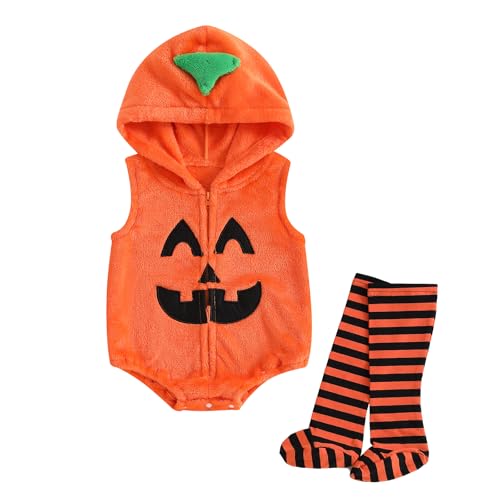 YILEEGOO Neugeborenes Baby Jungen Mädchen Tierkostüme Säugling Halloween Cosplay Outfit Kleinkind Obst Fancy Kostüm Reißverschluss Kapuze Strampler Overall mit Strümpfen Leggings (Orange Kürbis, 18-24 von YILEEGOO