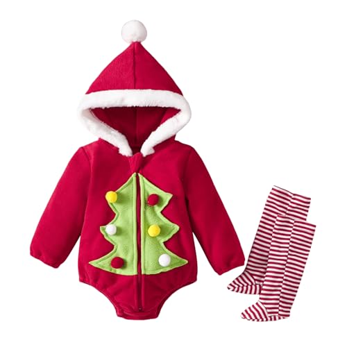 YILEEGOO Neugeborenes Baby Jungen Mädchen Tierkostüme Säugling Halloween Cosplay Outfit Kleinkind Obst Fancy Kostüm Reißverschluss Kapuze Strampler Overall mit Strümpfen Leggings (Rot Grün Baum, 12-18 von YILEEGOO