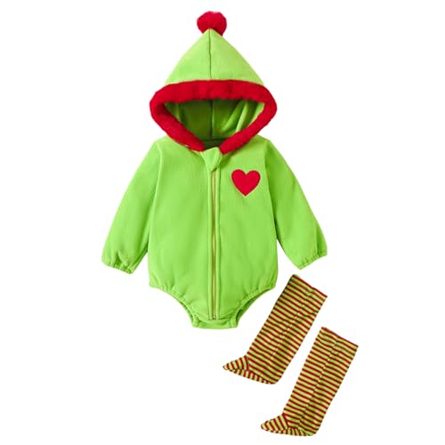 YILEEGOO Neugeborenes Baby Jungen Mädchen Tierkostüme Säugling Halloween Cosplay Outfit Kleinkind Obst Fancy Kostüm Reißverschluss Kapuze Strampler Overall mit Strümpfen Leggings (grünes Monster, 6-12 von YILEEGOO