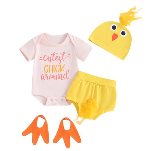 YILEEGOO Neugeborenes Baby Küken Ostern Outfits Halloween Kostüme Säugling Kleinkind Mädchen Junge Huhn Kostüm Kurzarm Strampler Shorts Set mit Hut Fußbedeckungen Bodysuit Dress Up (Gelb, 0-6 Monate) von YILEEGOO