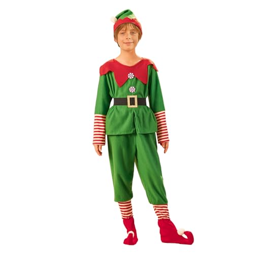 YILEEGOO Weihnachtselfenkostüm für Eltern und Kind, Kleinkind-Weihnachtsmann-Kostüm, kurzärmeliges Kleid Hose mit Hut, Gürtel und Socken (Junge, 12-18 Monate) von YILEEGOO