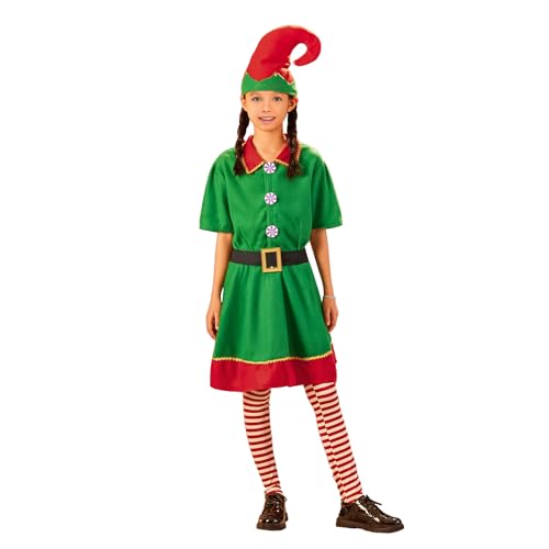 YILEEGOO Weihnachtselfenkostüm für Eltern und Kind, Kleinkind-Weihnachtsmann-Kostüm, kurzärmeliges Kleid Hose mit Hut, Gürtel und Socken (Mädchen, 5-6 Jahre) von YILEEGOO