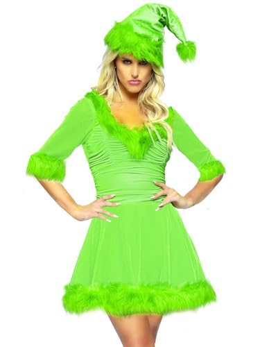 YILEEGOO Weihnachtsmann-Kostüm für Damen, Weihnachtsmann-Kostüm, Cosplay, Kunstfell, Samt, Weihnachtskleid+Mütze, flauschiges Samtkleid für Weihnachten (Grün, L) von YILEEGOO