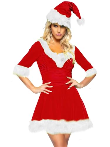 YILEEGOO Weihnachtsmann-Kostüm für Damen, Weihnachtsmann-Kostüm, Cosplay, Kunstfell, Samt, Weihnachtskleid+Mütze, flauschiges Samtkleid für Weihnachten (Rot, Weiß, L) von YILEEGOO