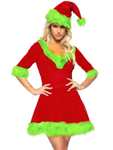 YILEEGOO Weihnachtsmann-Kostüm für Damen, Weihnachtsmann-Kostüm, Cosplay, Kunstfell, Samt, Weihnachtskleid+Mütze, flauschiges Samtkleid für Weihnachten (Rotgrün, L) von YILEEGOO