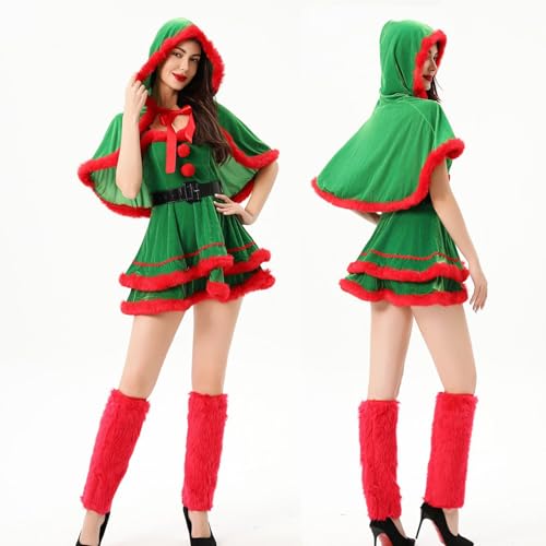 YILEEGOO Weihnachtsmann-Kostüme für Damen, Schlauchkleider, Kapuzenschal, Gürtel-Set für Halloween, Cosplay, Rollenspiele, Party-Outfits (Grün, XL) von YILEEGOO