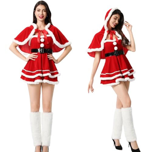 YILEEGOO Weihnachtsmann-Kostüme für Damen, Schlauchkleider, mit Kapuze, Schal, Gürtel-Set für Halloween, Cosplay, Rollenspiele, Party-Outfits (Rot, L) von YILEEGOO