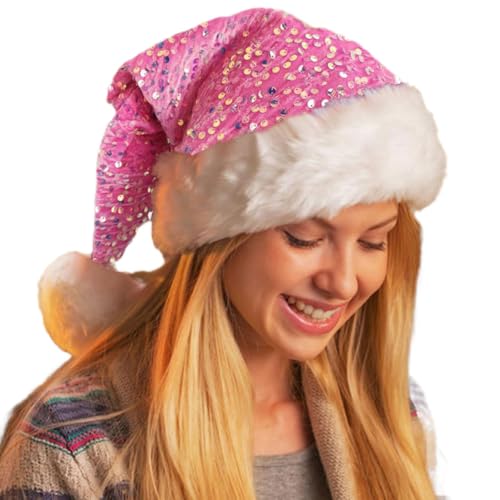 YILEEGOO Weihnachtsmütze für Erwachsene, luxuriöse, glitzernde Pailletten, Plüschmütze, Weihnachtsmannmütze, Samt, bequeme Weihnachtsmütze für Neujahrsparty (Rosa, 45 x 32 cm) von YILEEGOO