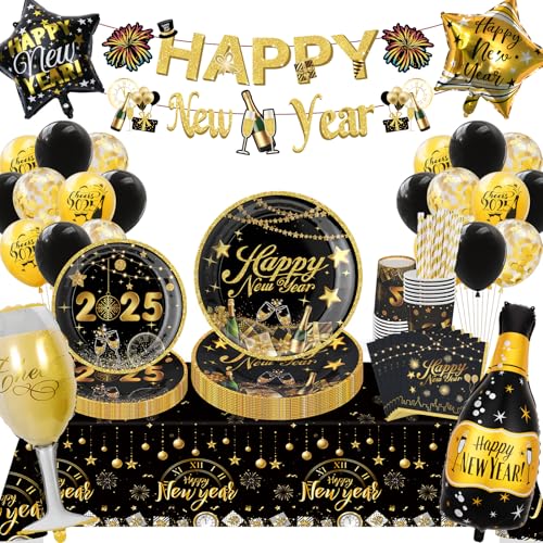 2025 Silvester Party Geschirr, Silvester Deko 2025XXL Dekoration, Happy New Year Partygeschirr Set, Silvester Tischdeko, Pappteller Banner Ballons Servietten für 2025 Silvester Dekoration Partyzubehör von YIMAKJ