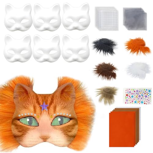 YIMINI 6 Stück Katzenmasken Zum Bemalen, Masken Basteln, Katzenmasken Zu Malen Filz, Katzen Maske, Maske Kunsthandwerk Kit, Therian Mask, Für Halloween, Party, Maskerade, Cosplay (C, 30) von YIMINI