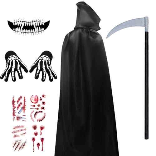 YIMOJOY Halloween Umhang Schwarz Kinder Set 120/150/170/190CM Schwarzer Umhang mit Kapuze Sensenmann Kostüm mit Sense & Scars Tattoos Vampir Darth Cape für Cosplay Karneval(S) von YIMOJOY