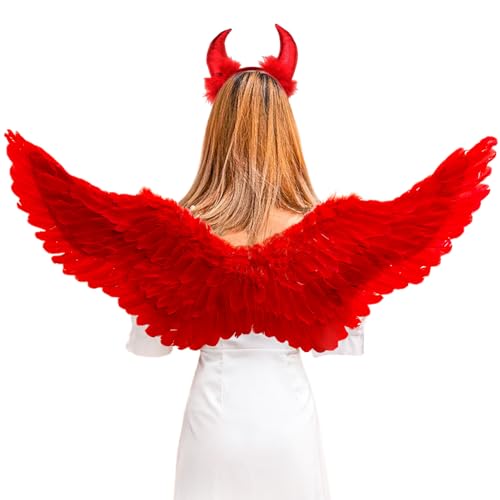 YIMOJOY Engelsflügel Rot mit Teufelshörner,105CM Erwachsene Engelflügel Damen Engel Flügel Kostüm Damen Federflügel Karneval Flügel für Halloween Karneval Cosplay Party von YIMOJOY