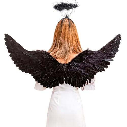 YIMOJOY Engelsflügel Schwarz mit Heiligenschein,105CM Erwachsene Engelflügel Damen Engel Flügel Kostüm Damen Federflügel Karneval Flügel für Halloween Karneval Cosplay Party von YIMOJOY